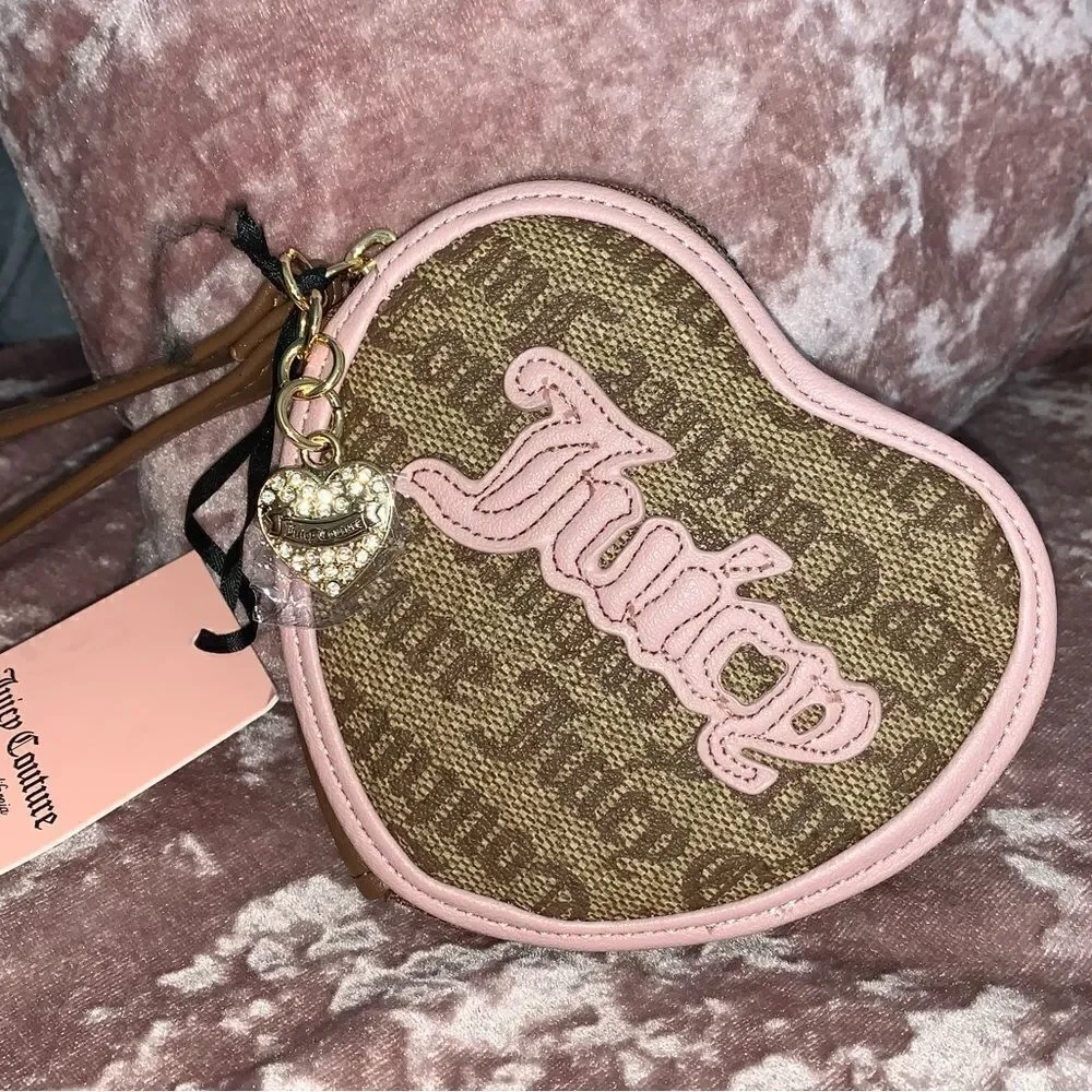 Juicy Couture Brown & Pink Heart Zip Up Pouch Wallet